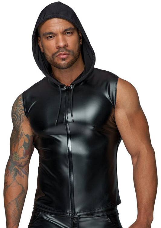 Noir Wet Look Sleeveless Hoodie Black