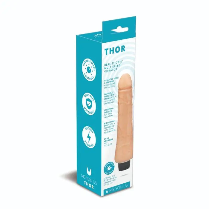 Me You Us Thor Realistic Vibrator 9.6in packaging rear and side with a white background