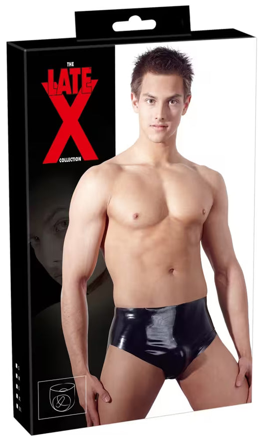 Late X Latex Briefs with Inflatable plug packaging showing model posing in sexy briefs with front bulge.