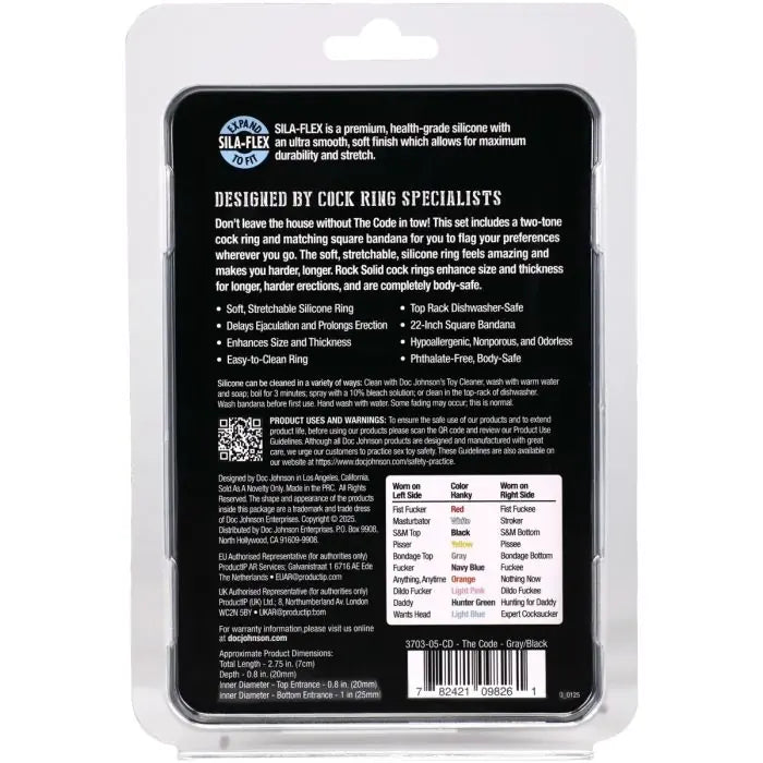 Rock Solid The Code Silicone Cock Ring & Bandana Grey rear packaging explaining the hanky code