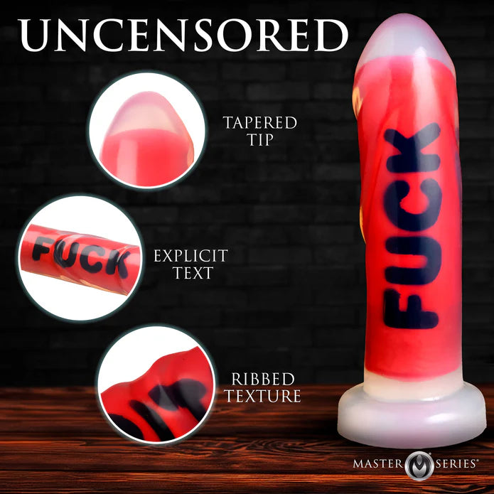 Master Series FUCK Silicone Dildo graphic showing the tapered tip, explicit text and ribbed texture of the dildo.