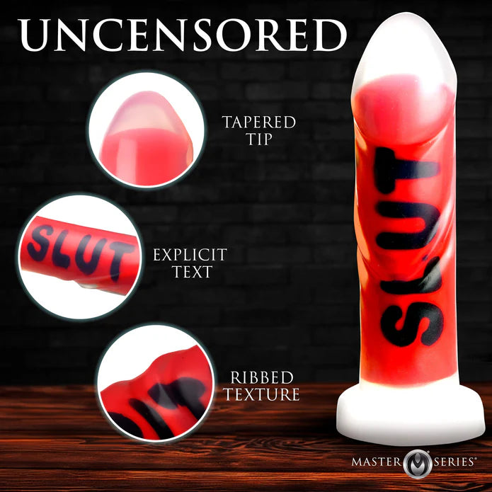 Master Series SLUT Silicone Dildo showing the tapered tip, explicit text and ribbed texture.