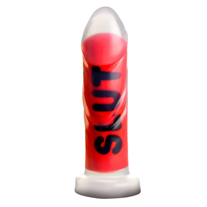 Master Series SLUT Silicone Dildo upright showing the word SLUT written over its ribbed length