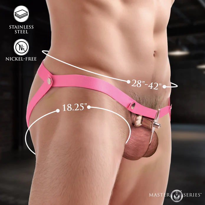 Master Series Sissy Vice pink harness worn waist 28 to 42 inch thigh strap measurements