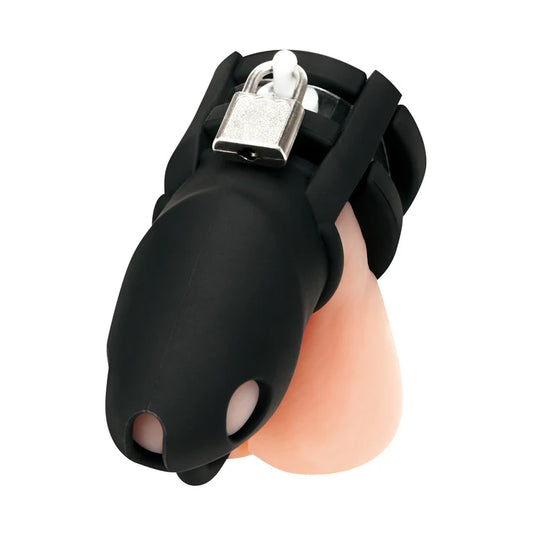 Blueline Silicone Small Cock Cage With Ball Divider Black 2 inch on display model