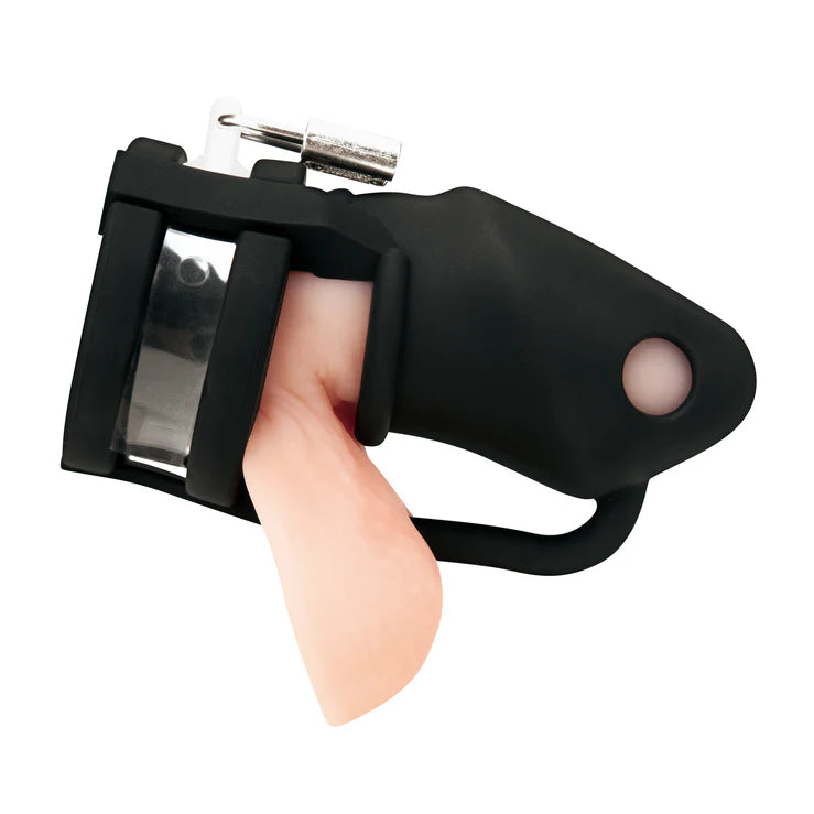 Blueline Silicone Small Cock Cage With Ball Divider Black 2 inch side view on display model