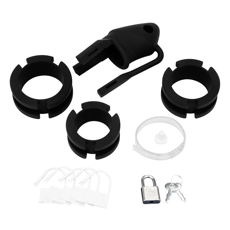 Blueline Silicone Small Cock Cage With Ball Divider Black 2 inch box contents