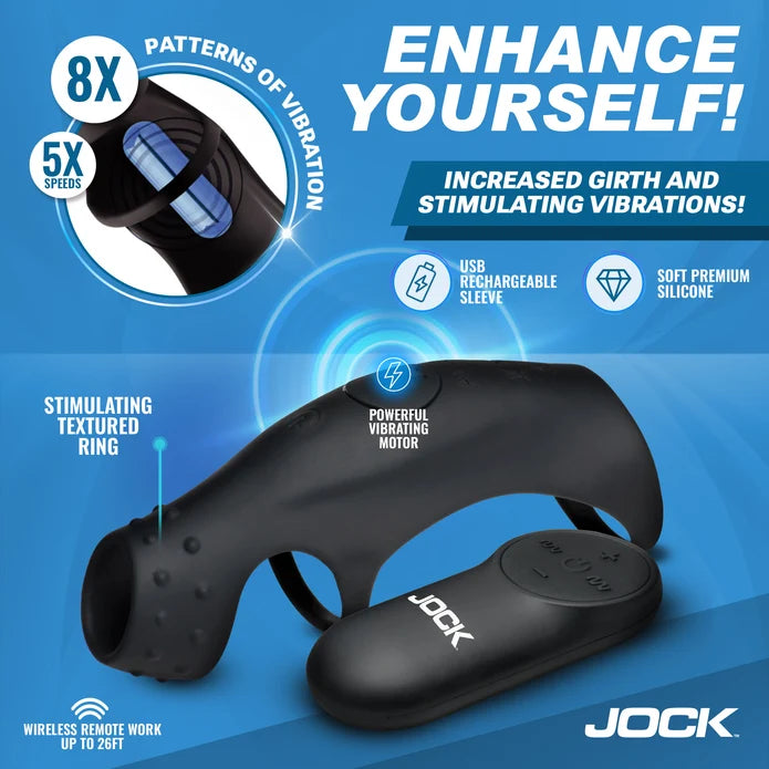Graphic showing features of JOCK Rush Vibrating Penis Sleeve & Cock Ring with Remote