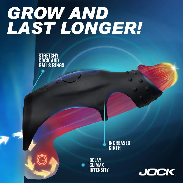 Graphic explaining benefits of JOCK Rush Vibrating Penis Sleeve & Cock Ring with Remote