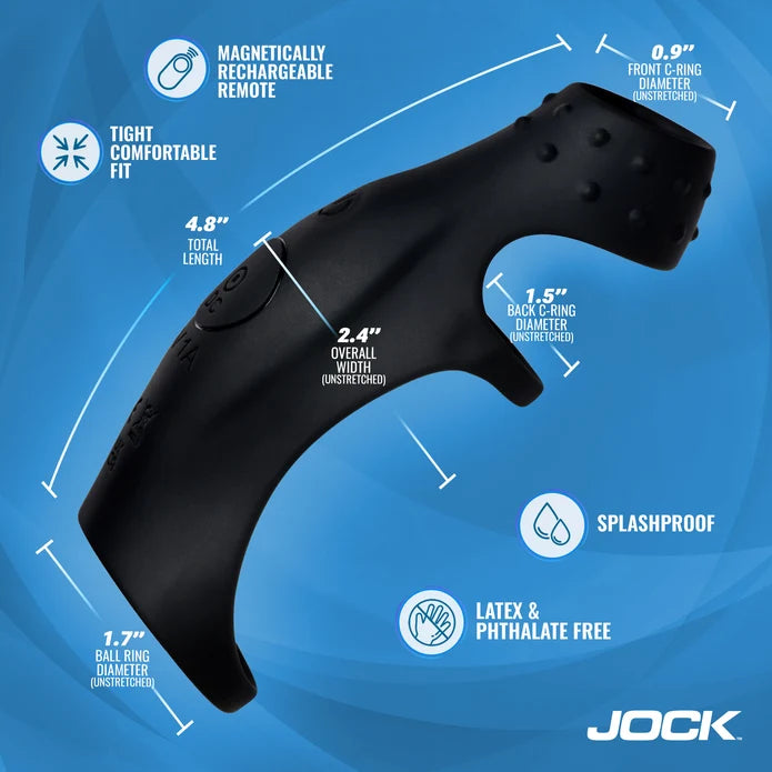 Graphic of JOCK Rush Vibrating Penis Sleeve & Cock Ring with Remote showing dimensions and construction