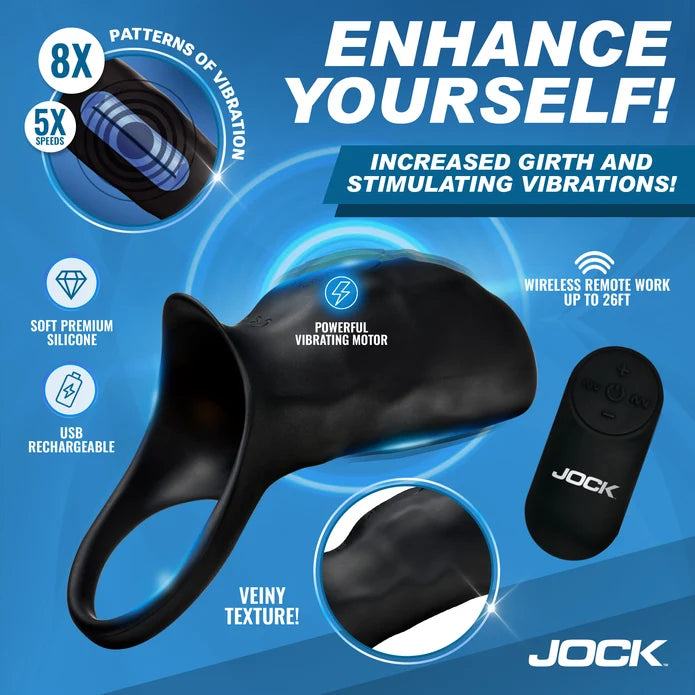 Graphic for JOCK Surge Vibrating Penis Sleeve & Ball Ring with Remote showing features