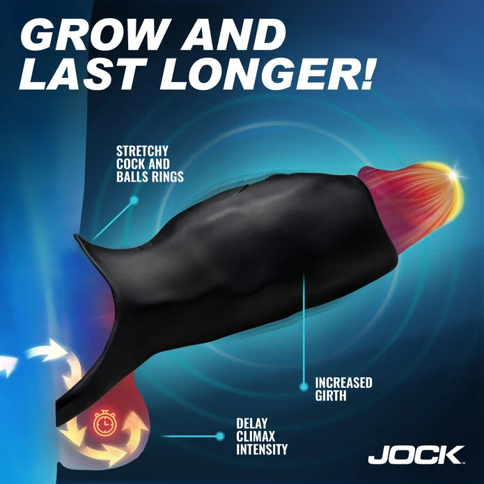 Graphic of JOCK Surge Vibrating Penis Sleeve & Ball Ring with Remote showing benefits