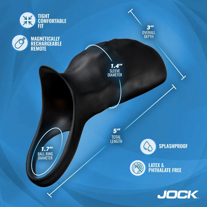 JOCK Surge Vibrating Penis Sleeve & Ball Ring with Remote dimensions graphic