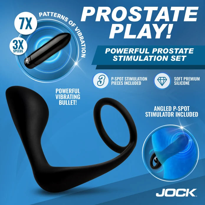 Graphic for JOCK P-Spotter Silicone Prostate Vibrator Set – 3 Pieces showing features and functions