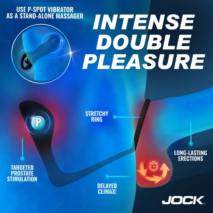 Promotional graphic for a Jock P-spot vibrator, showing a blue and black curved wand with labeled features including stretchy ring, targeted prostate stimulation, delayed climax, and long-lasting erections on a blue abstract background.