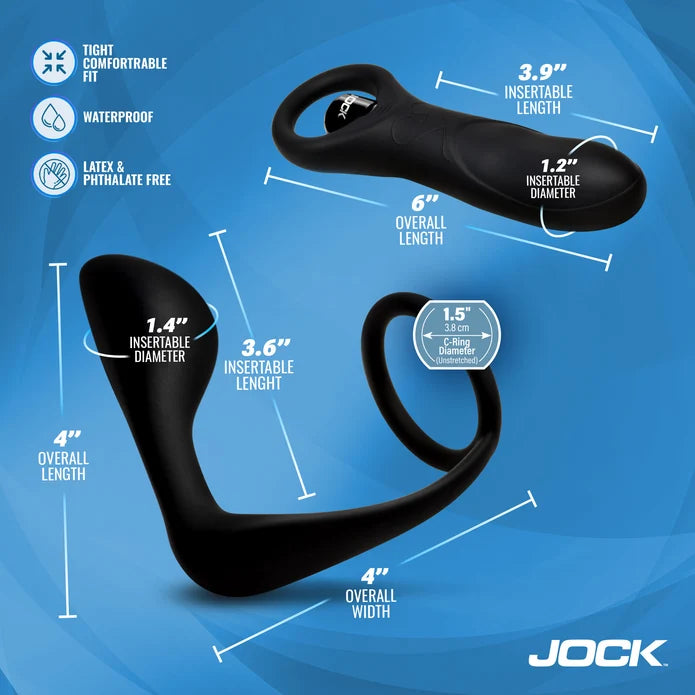 Graphic for JOCK P-Spotter Silicone Prostate Vibrator Set – 3 Pieces showing dimensions and features
