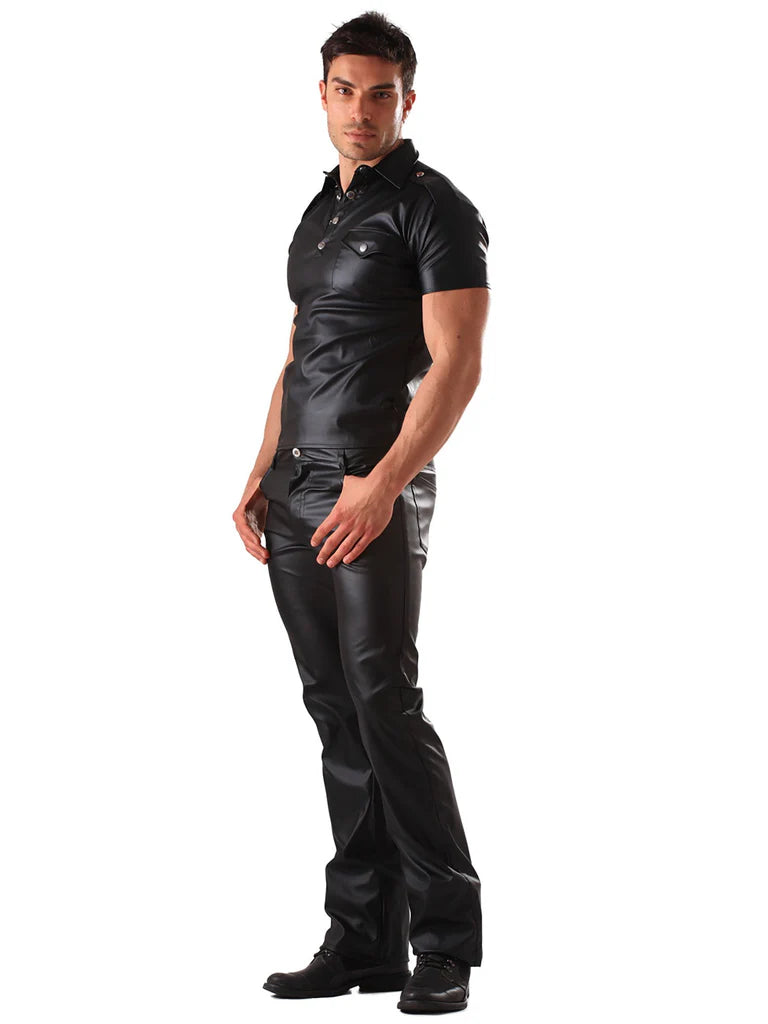 Honour Leatherette Classic Cut Jeans Black full side  view of fetish look on model