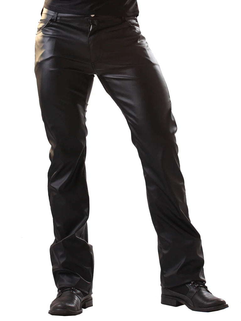 Honour Leatherette Classic Cut Jeans Black front view on fetish male model.