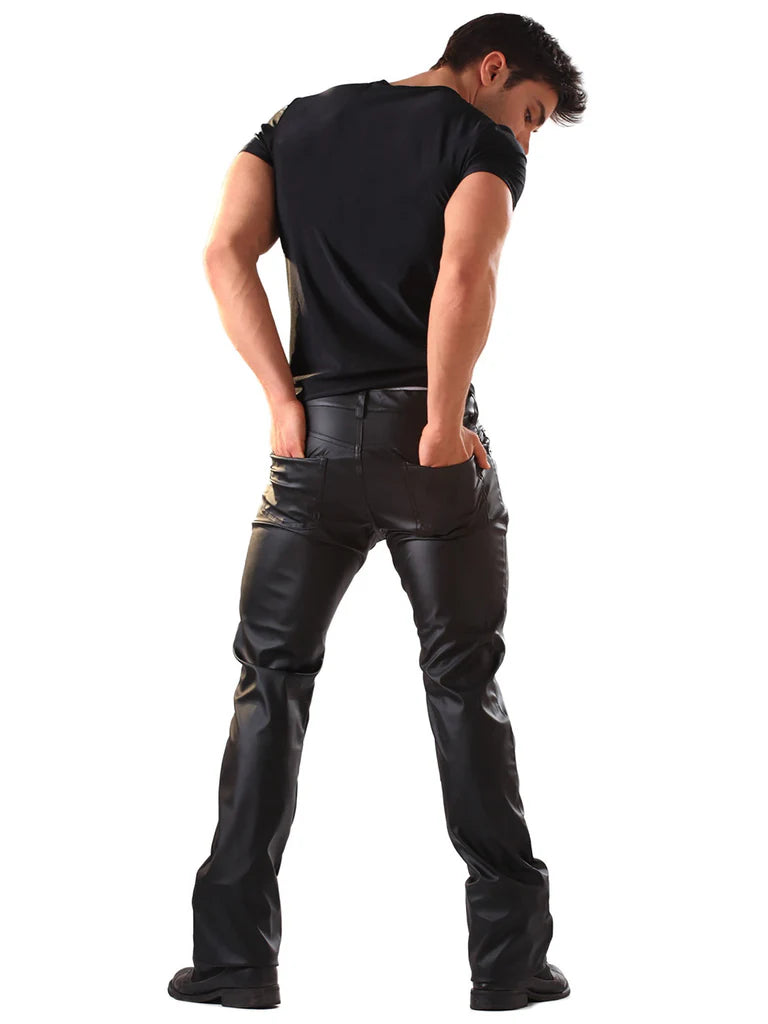 Honour Leatherette Classic Cut Jeans Black rear view on fetish model 