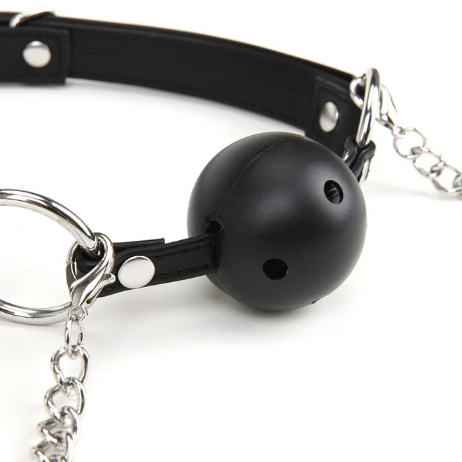 Close up of ball gag included in Lux Fetish Ball Gag, Nipple Clamps & Blindfold Se