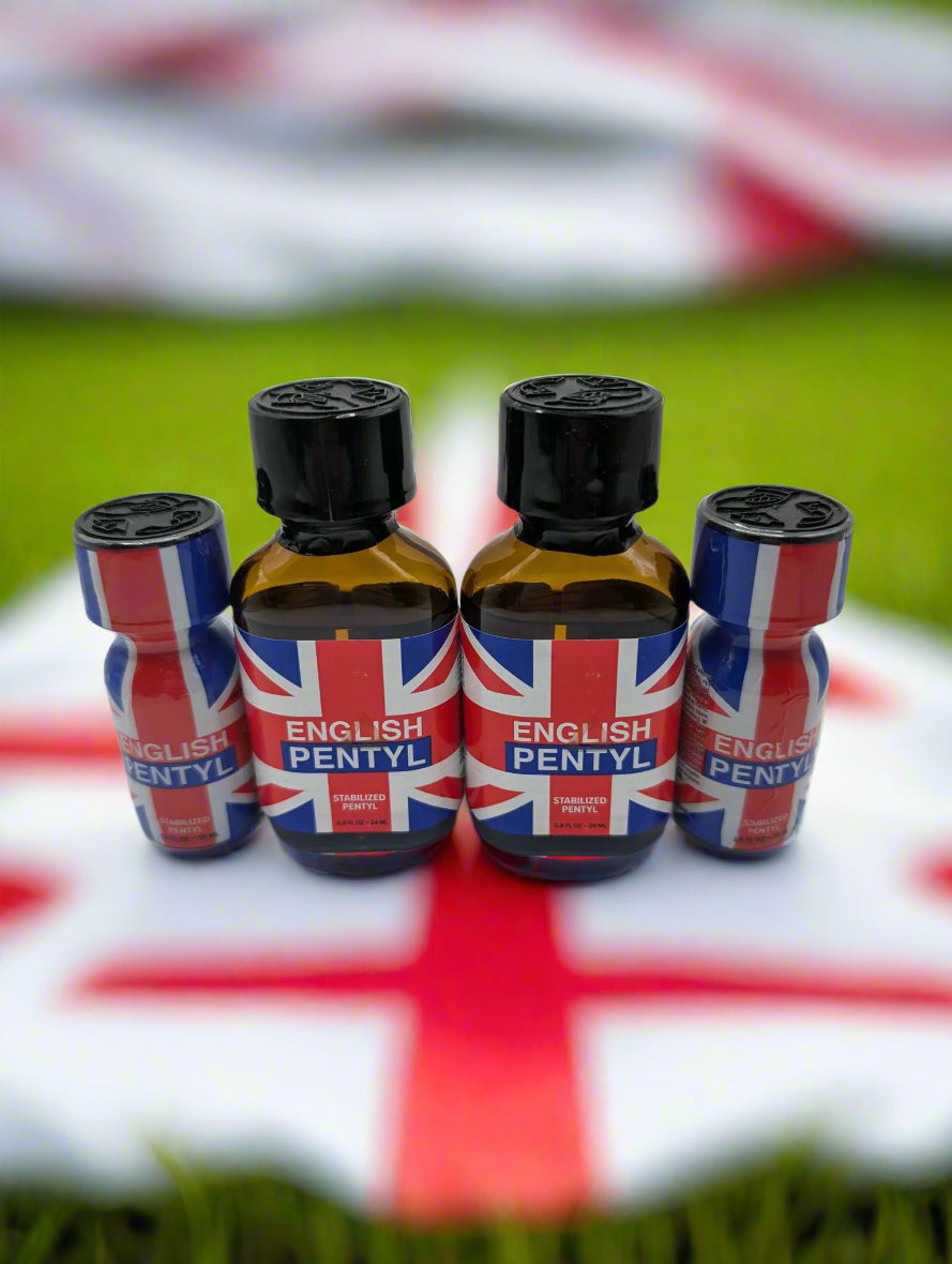 Four bottles of English Pentyl poppers, two with 15ml and two with 24ml, displayed on a surface with a Union Jack pattern.