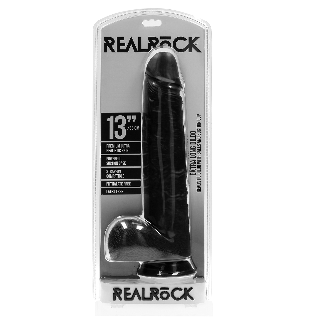 Real Rock Realistic Extra Long Dildo with Balls and Suction Cup Black 13"