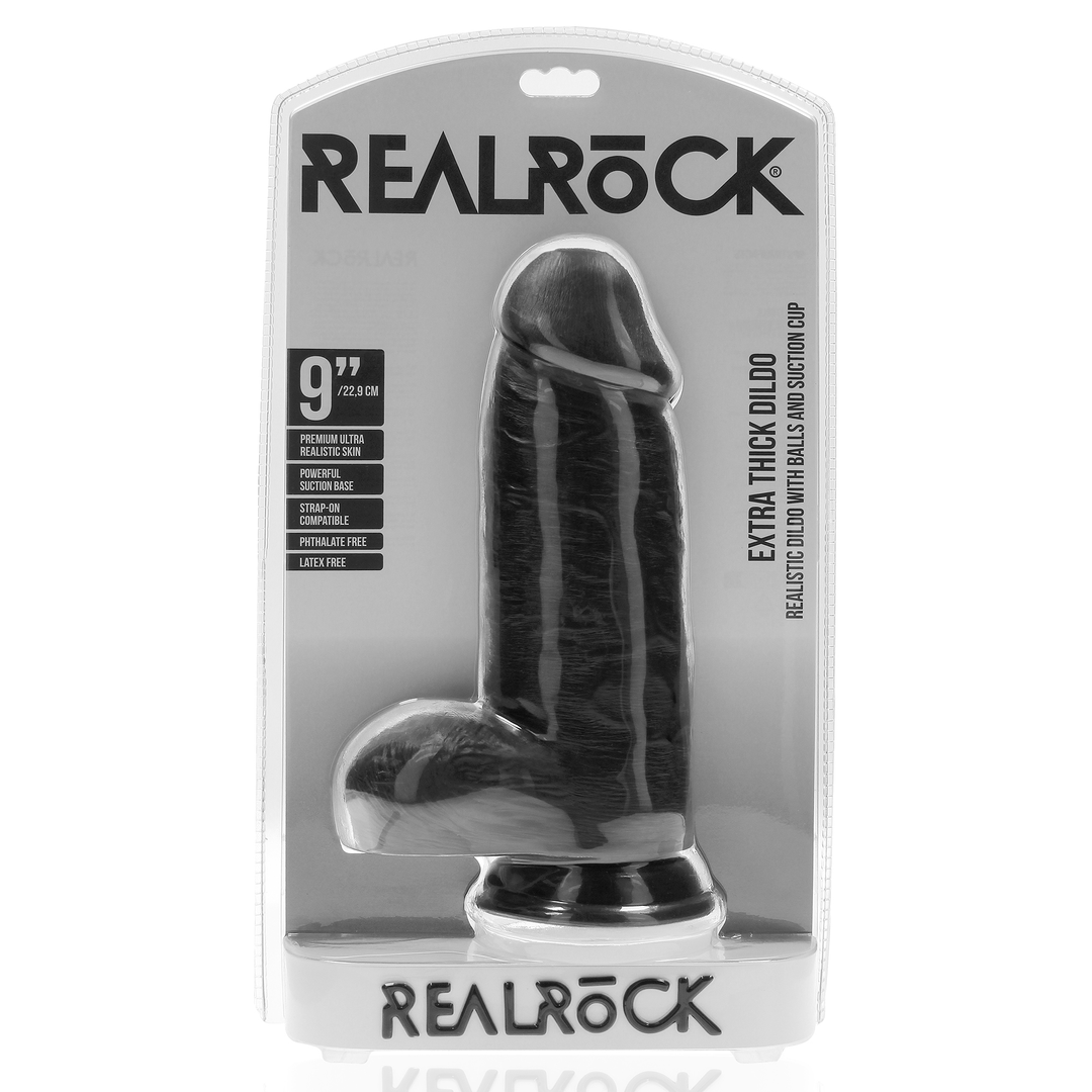 Real Rock Realistic Extra Thick Dildo with Balls and Suction Cup Black 9"