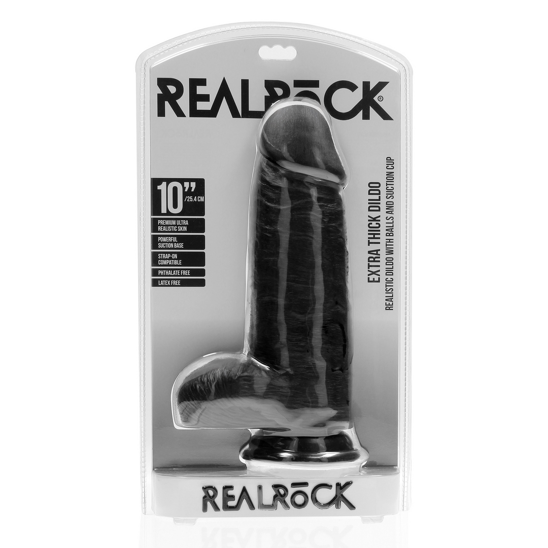 Real Rock Realistic Extra Thick Dildo with Balls and Suction Cup Black 10"