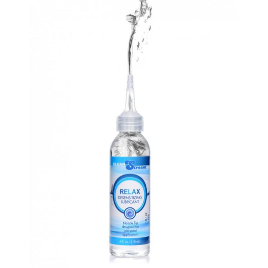 Cleanstream Relax Anal Lubricant with Nozzle Tip 4oz with a stream of lubricant spraying from the tip