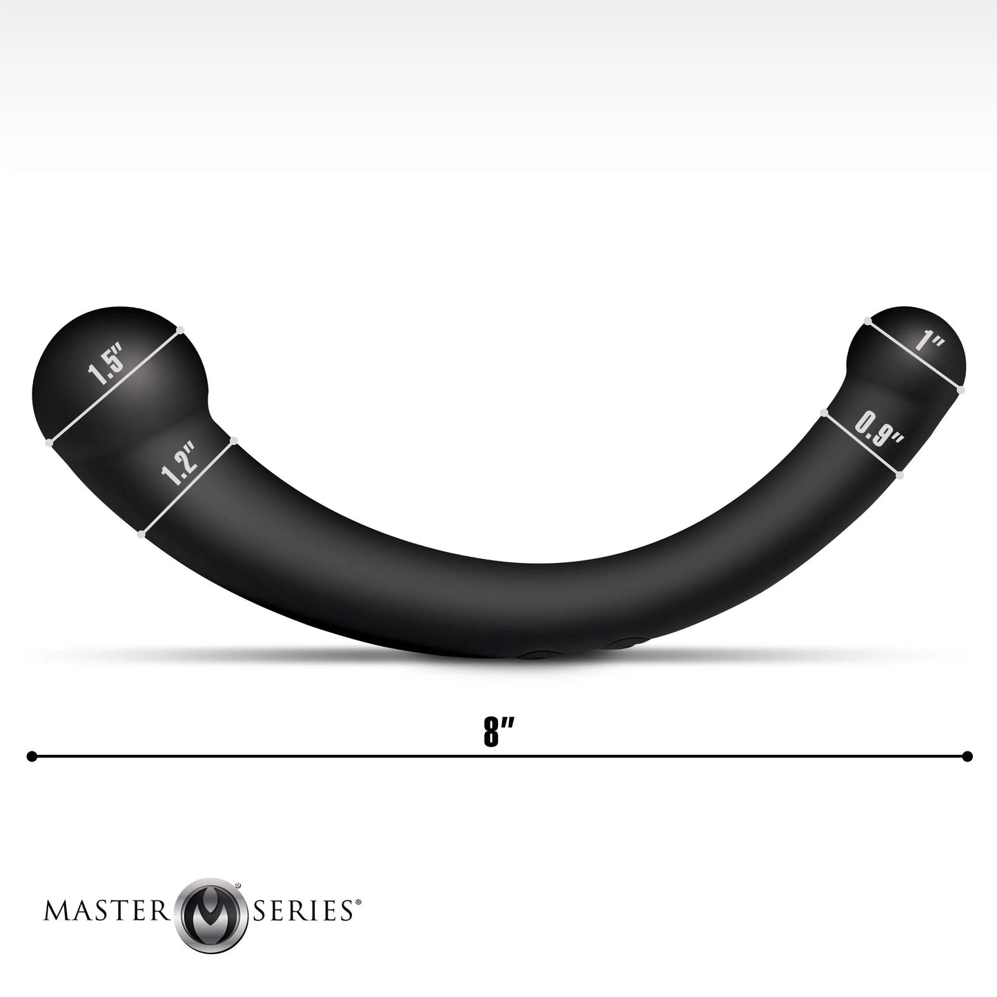Master Series 10X Vibra-Crescent Vibrating Silicone Dual Ended Dildo graphic showing detailed measurements.