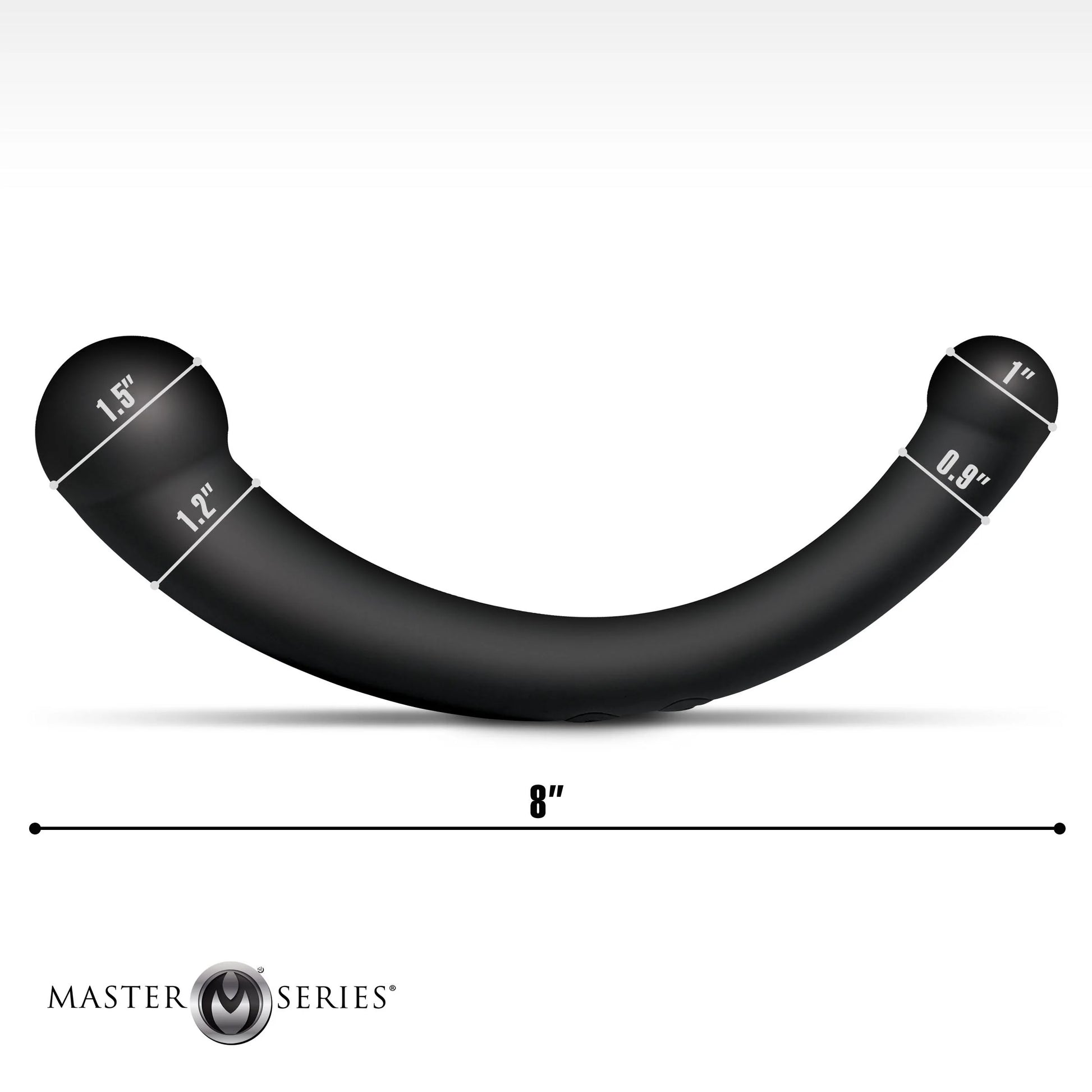 Master Series 10X Vibra-Crescent Vibrating Silicone Dual Ended Dildo graphic showing detailed measurements.