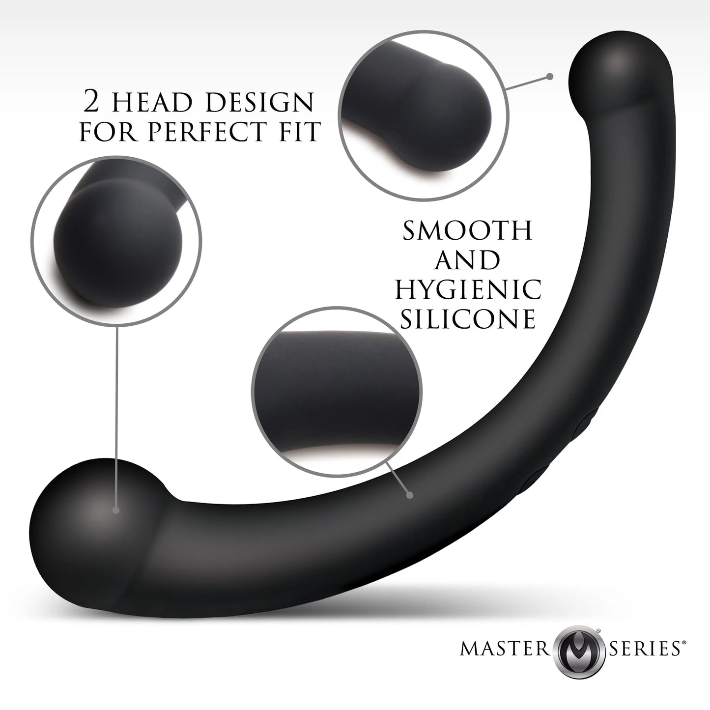 Master Series 10X Vibra-Crescent Vibrating Silicone Dual Ended Dildo graphic highlighting 2 head design and smooth and hygienic silicone construction.