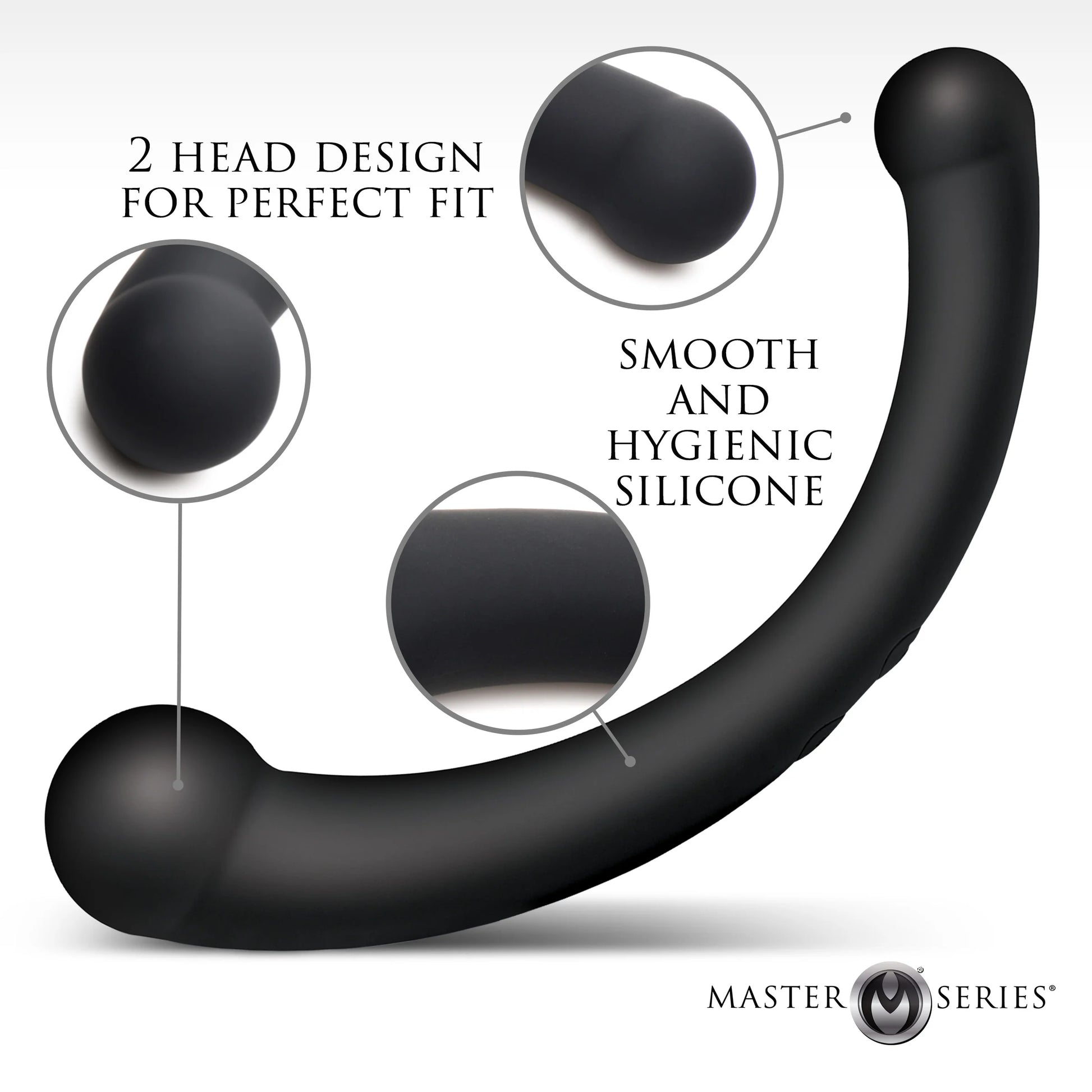 Master Series 10X Vibra-Crescent Vibrating Silicone Dual Ended Dildo graphic highlighting 2 head design and smooth and hygienic silicone construction.