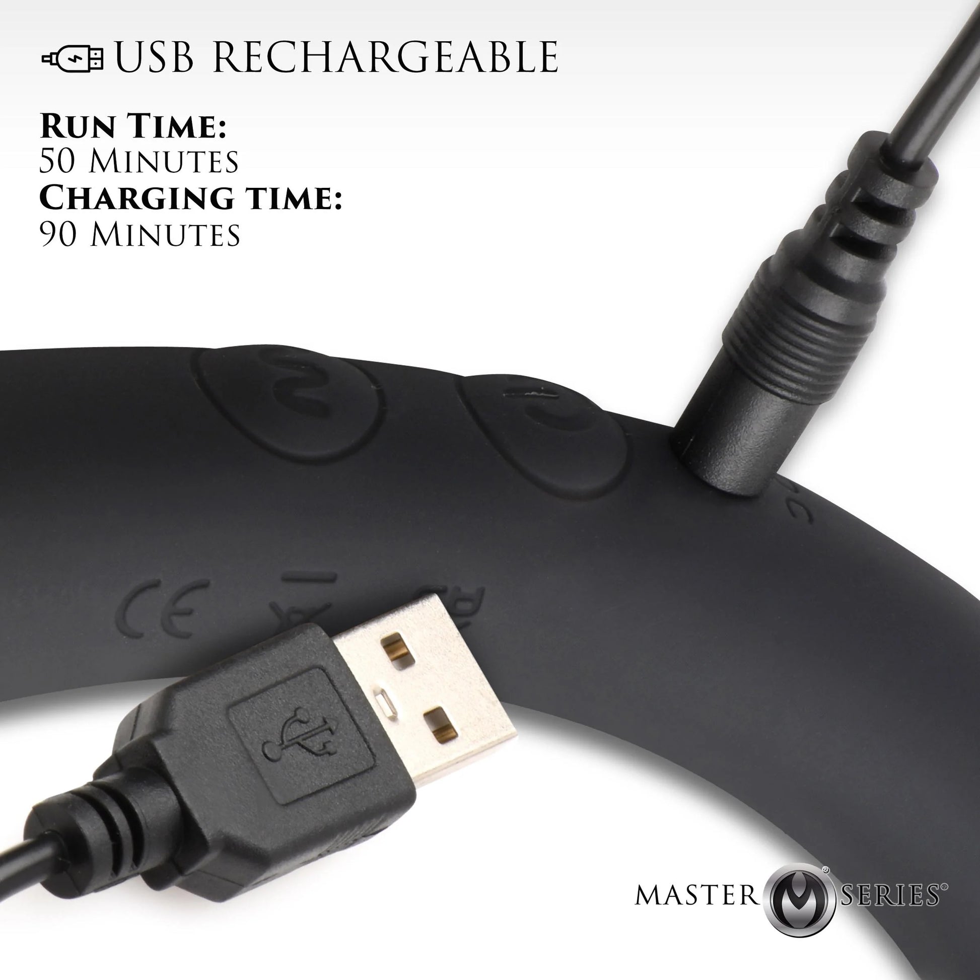 Master Series 10X Vibra-Crescent Vibrating Silicone Dual Ended Dildo with USB charger with graphic showing 50mins runtime and 90 minutes charging time