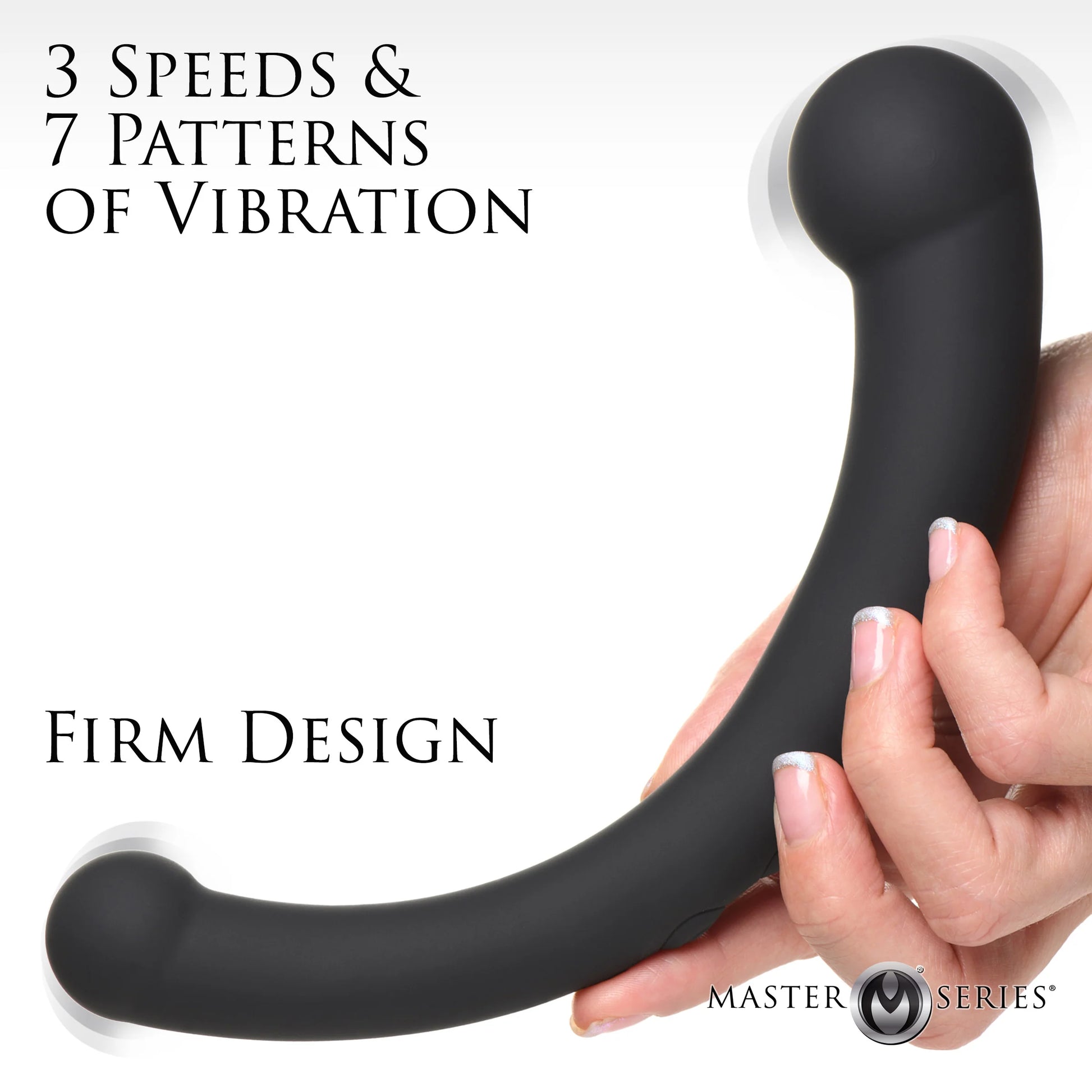 Master Series 10X Vibra-Crescent Vibrating Silicone Dual Ended Dildo diagram showing key features of 3 speeds and 7 vibration patterns