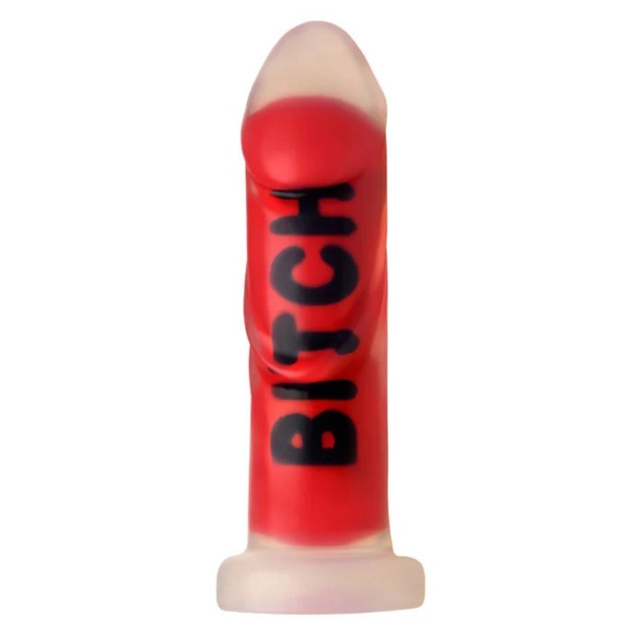 Master Series BITCH Silicone Dildo showing 'BITCH' on the length of the long fat dildo.
