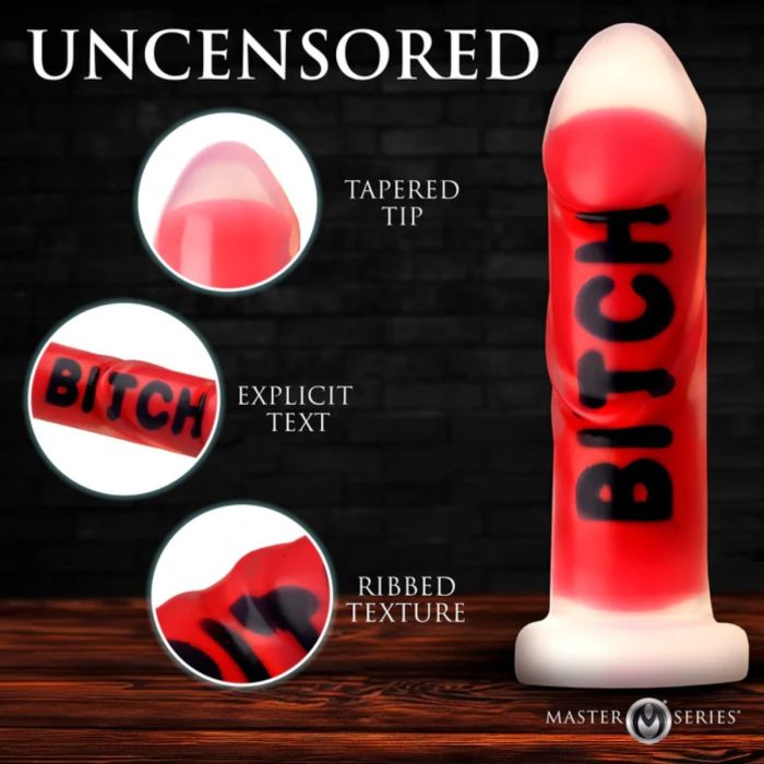 Master Series BITCH Silicone Dildo graphic explaining the tapered tip, explicit text and ribbed texture of this big dildo.