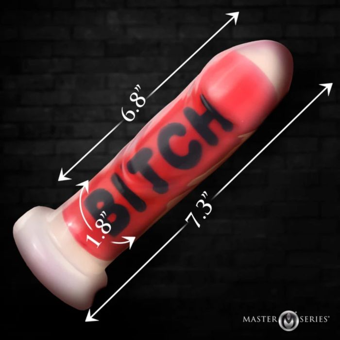 Master Series BITCH Silicone Dildo graphic showing the massive dimensions of this impressive dildo.