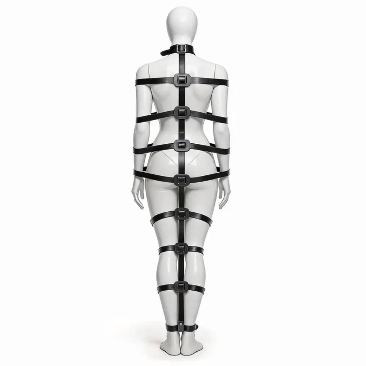 Master Series Backbone full body harness black vegan leather back view mannequin