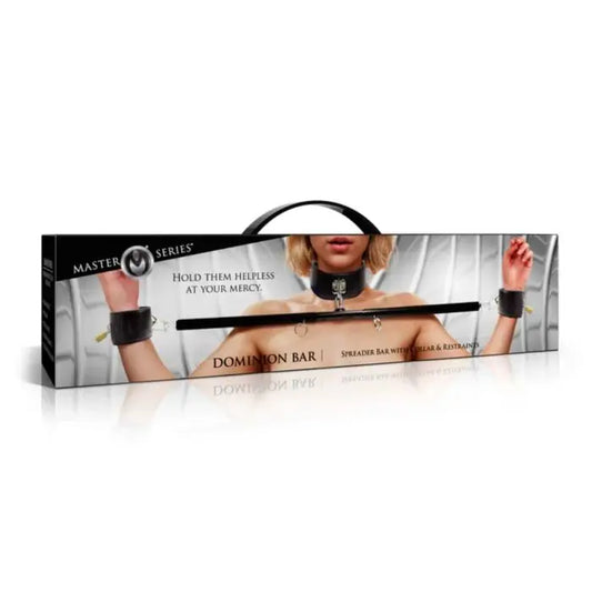 Master Series Dominion Bar spreader bar with collar and wrist restraints box front AH900
