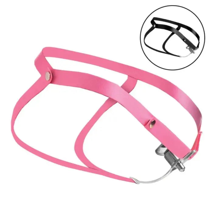 Master Series Sissy Vice pink elastic harness flat lay with black harness inset