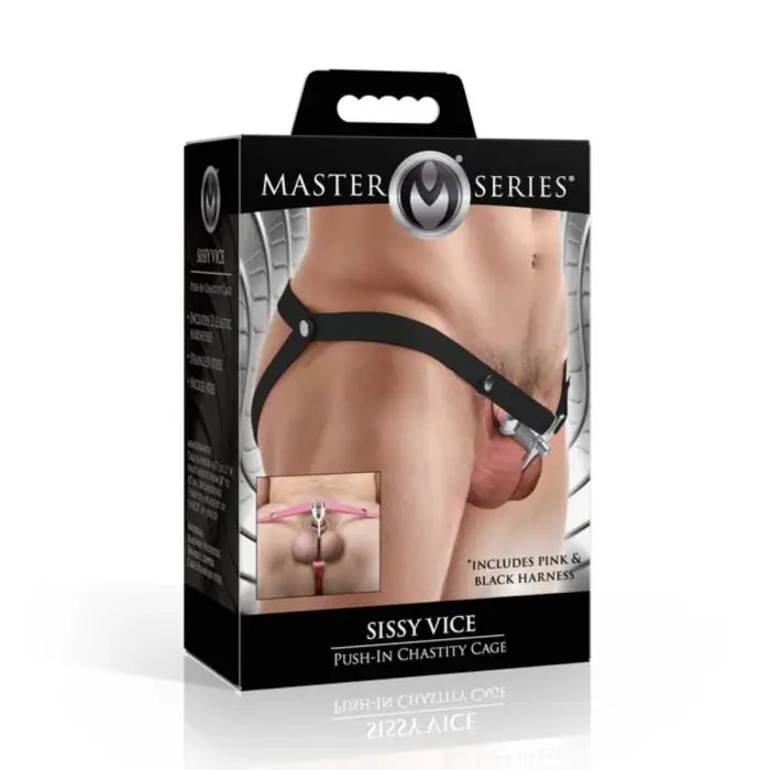 Master Series Sissy Vice push-in chastity cage pink black harness box front AH902
