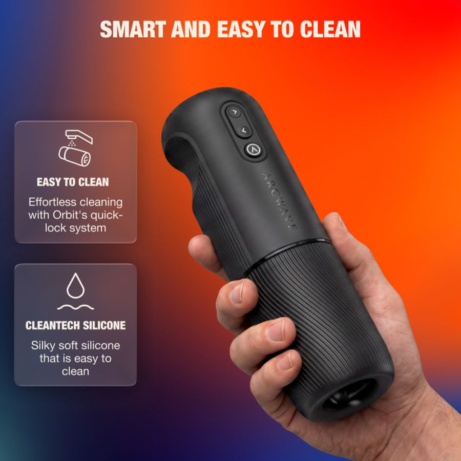 Arcwave Orbit Rotating Male Masturbator feature graphic highlighting easy to clean silicone