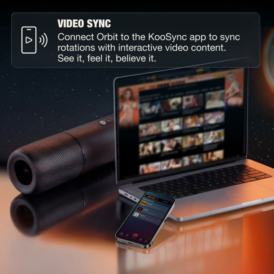 Arcwave Orbit Rotating Male Masturbator feature graphic highlighting Koosync App syncs rotations with interactive video content.