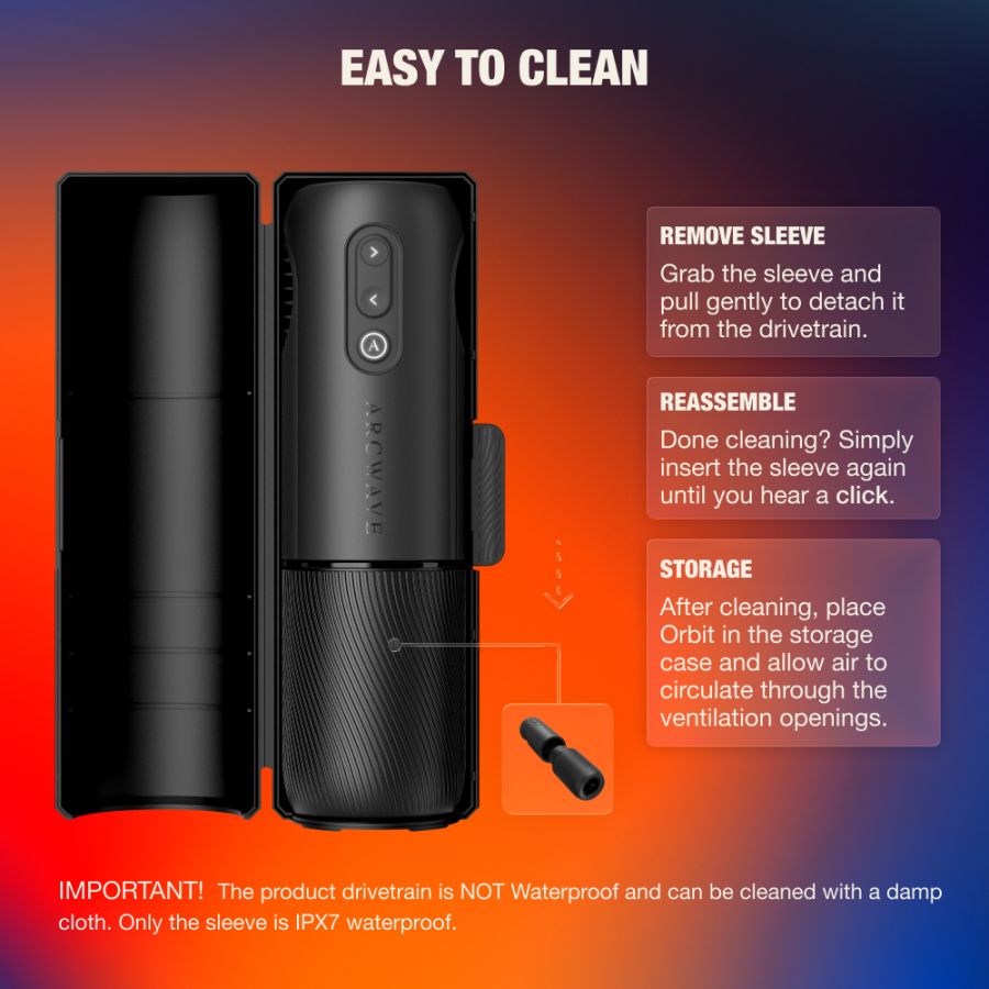 Arcwave Orbit Rotating Male Masturbator feature graphic highlighting easy to clean instruction
