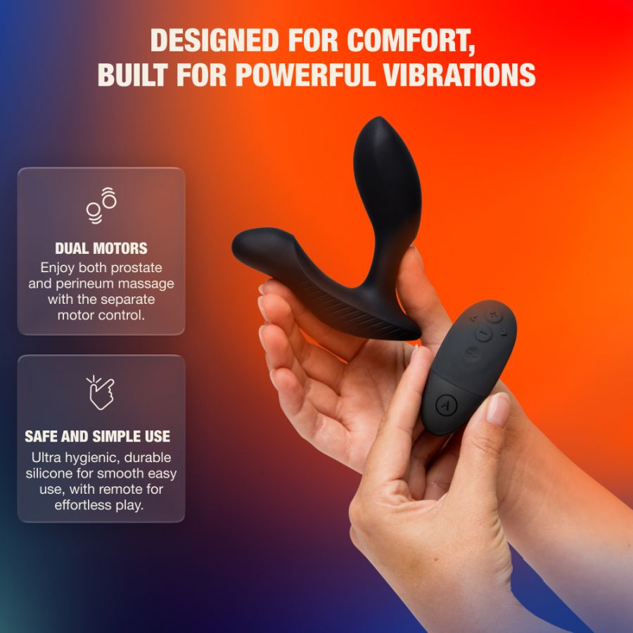 Arcwave Perk Prostate Massager with Remote Control graphic highlighting it's designed for comfort and built for powerful vibrations