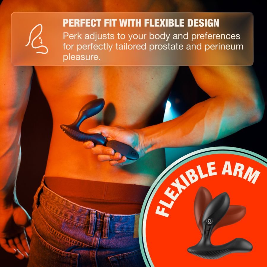 Arcwave Perk Prostate Massager with Remote Control graphic highlighting the perfect fit with flexible design
