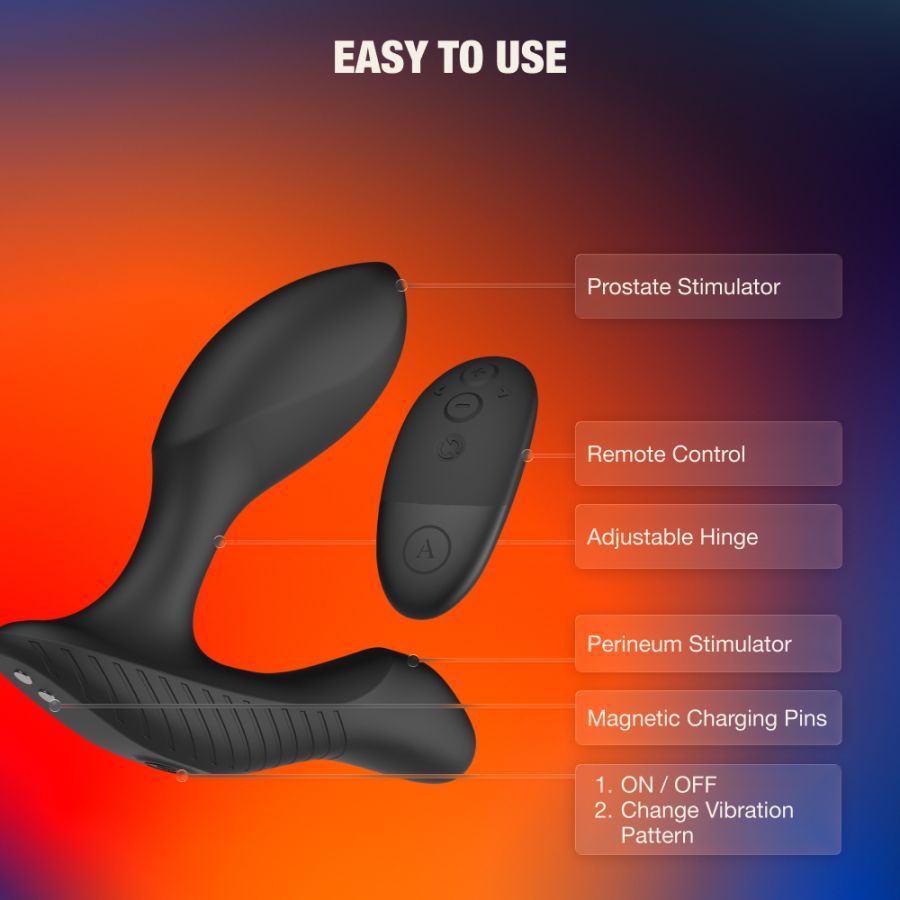 Arcwave Perk Prostate Massager with Remote Control graphic highlighting ease of use with the main features pointed out.