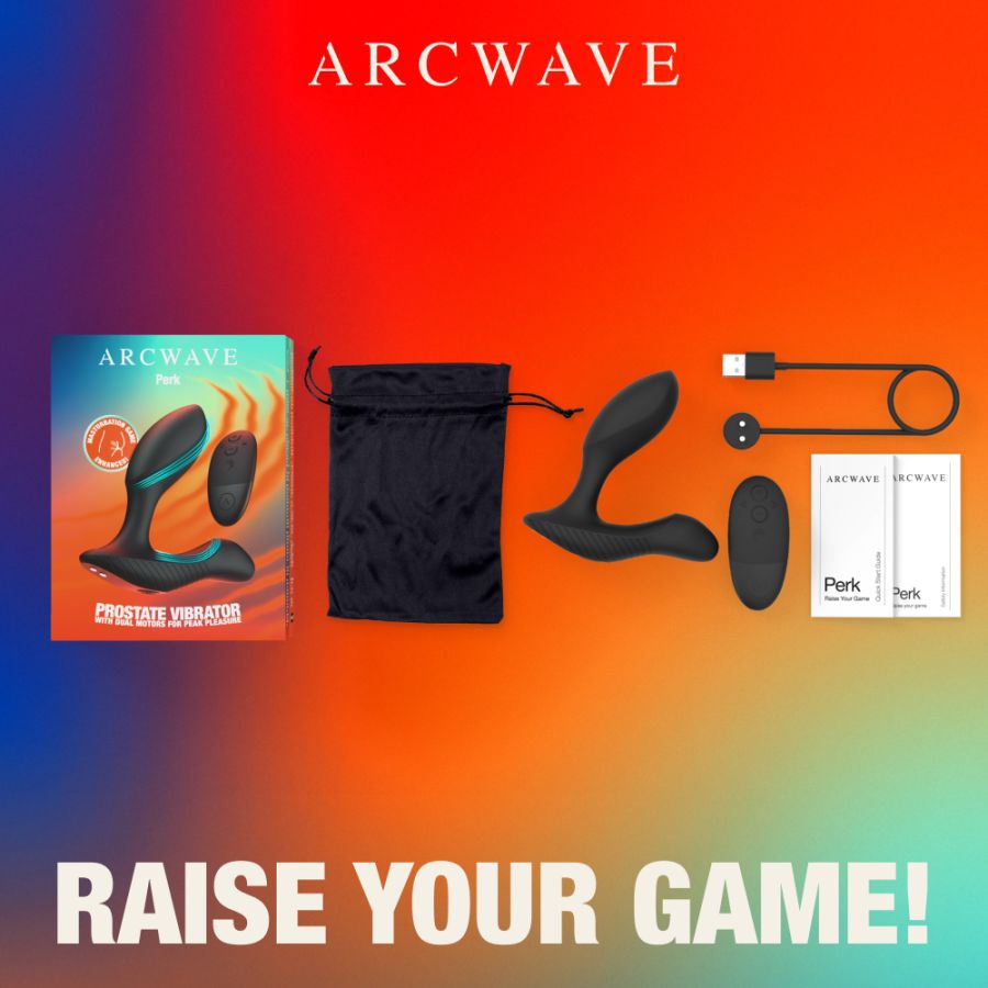 Arcwave Perk Prostate Massager with Remote Control graphic highlighting the box contents
