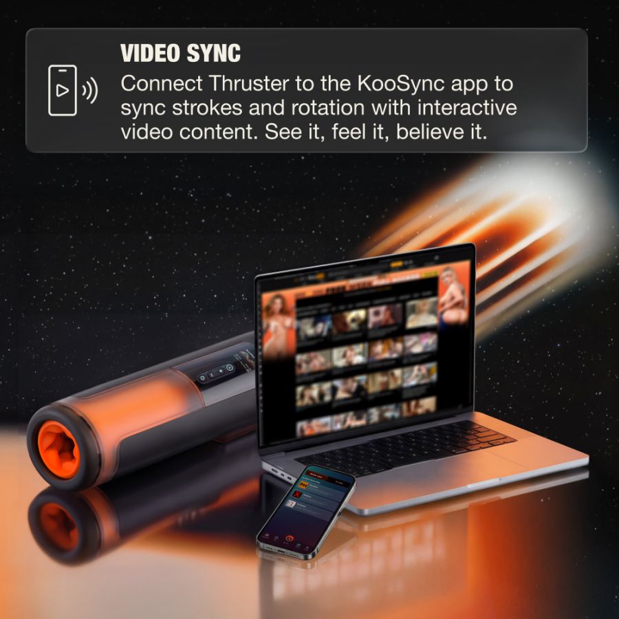 Arcwave Thruster Automatic Stroking & Rotating Masturbator graphic highlighting video sync using the KooSync app.